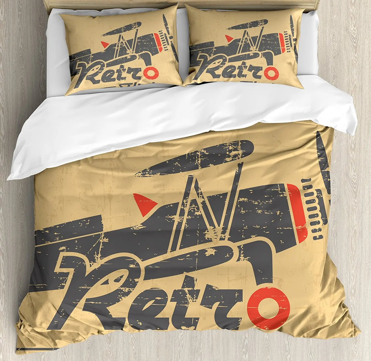 

Vintage Airplane Duvet Cover Set Retro Flight Emblem with Old Plane Stripes Grunge Style Decorative 4 Piece Bedding Set