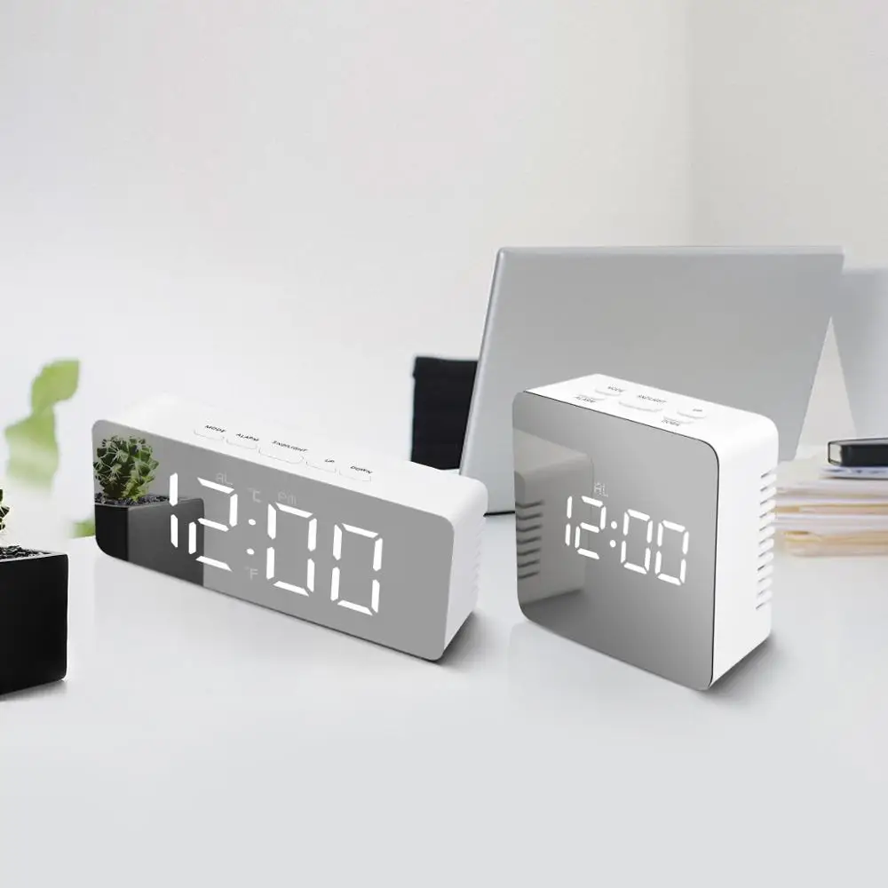 Mirror Decor Date Snooze Temperature USB Desk Clock LED Night Light Modern Home Office Decoration Night Lamp Table Clock Light