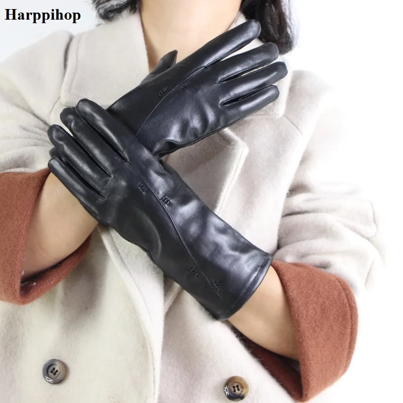 Новинка, женские перчатки из натуральной кожи, женские перчатки из козьей кожи, весна-осень, с нейлоновой подкладкой, модные трендовые Длинные Варежки, H826-01