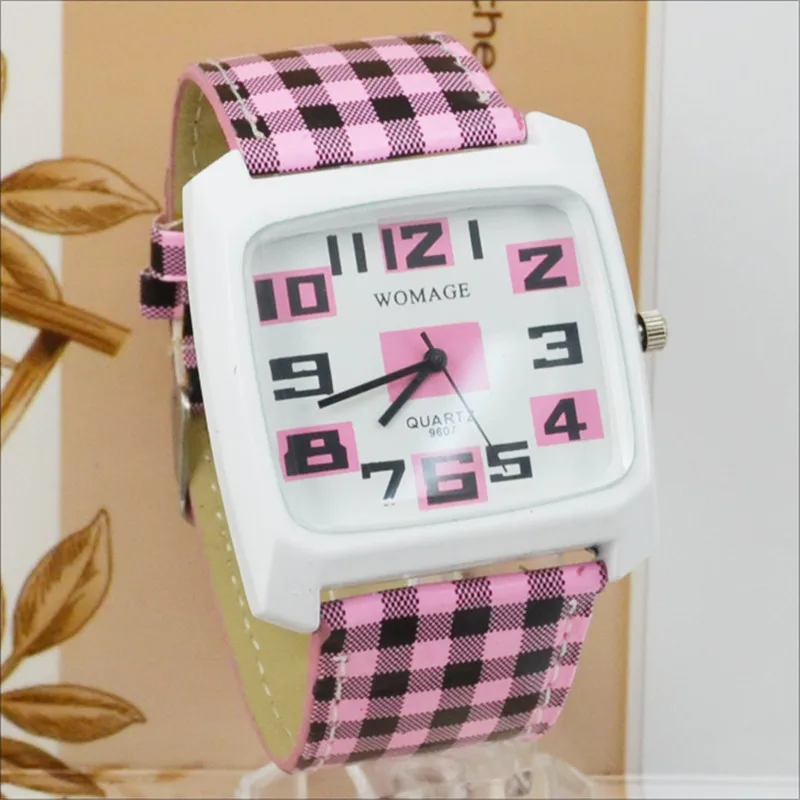 

Womage Fashionable Strips Hour Marks Grid Leather Belt Quartz Watch Women Square Dial Dress Watches relojes marca mujer