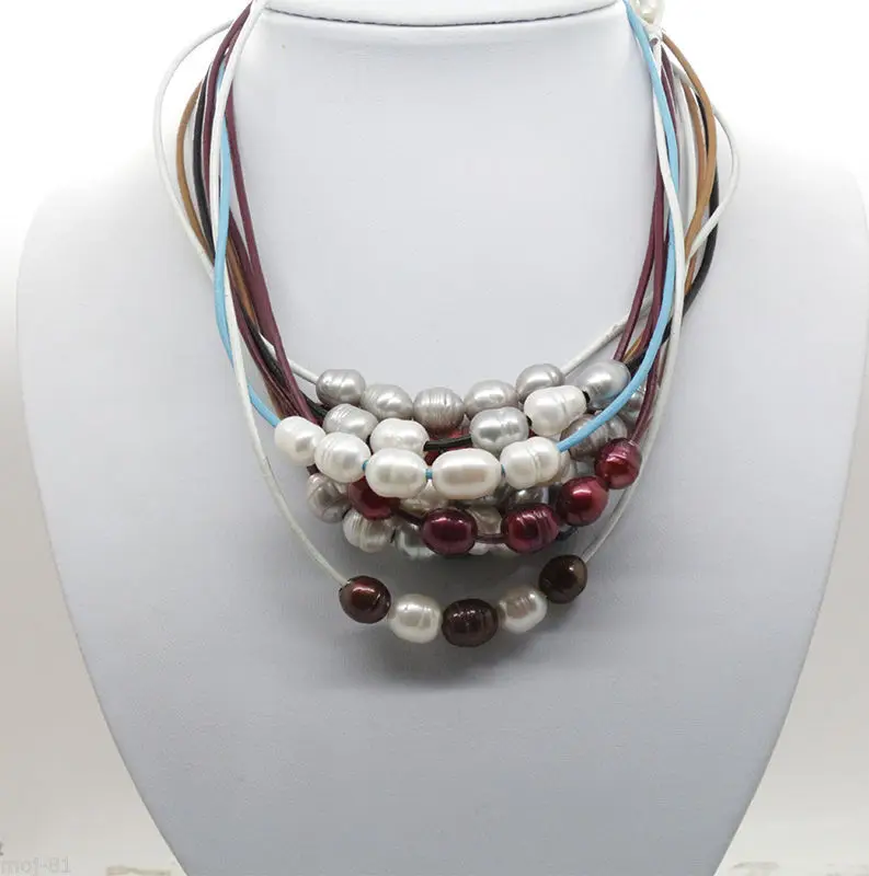 

FREE SHIPPINGWholesale 10pcs Natural Mix Color Growth Pearl Handmade Leather Necklace 18