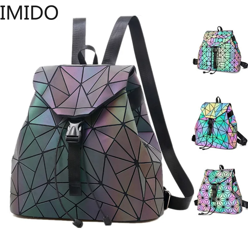 

IMIDO Women Laser Luminous Backpack School Hologram Geometric Fold Student School Bags for Teenage Girls Holographic Sac A Dos