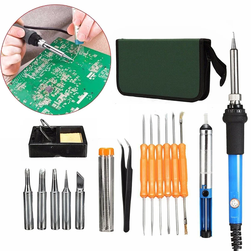 

19pcs/set 60W 220V Soldering Iron Set Adjustable EU Plug Temp Solder Desoldering Repair Kit