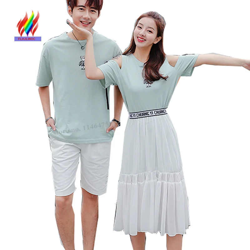 

Couple Matching Outfit Shirt Dress Classic Boyfriends and Girlfriends Valentine's Gift Cute Girls Green Open Off Shoulder Dress