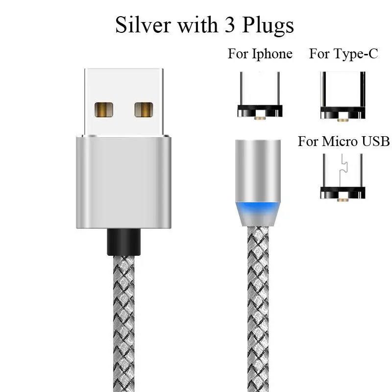 Магнитный кабель Micro Usb для зарядки мобильного телефона с поворотом на 360 градусов, кабель с круглой головкой для Apple Android type-c Usb C - Цвет: Silver with 3 Plugs