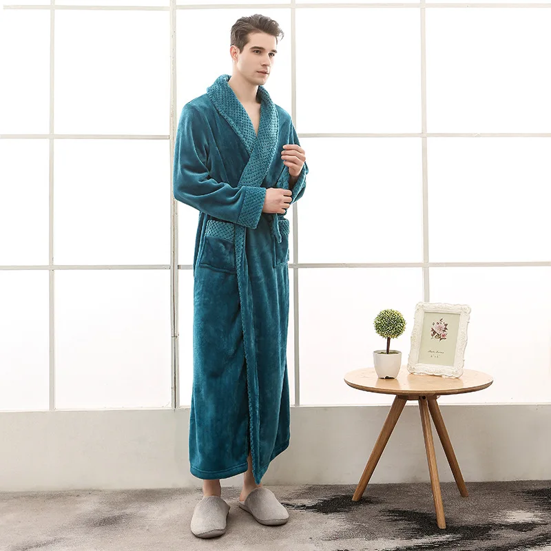 2018 Winter Bathrobe Men Solid Color Sleeping Robe For Men Flannel Coral Fleece Mens Robe Winter