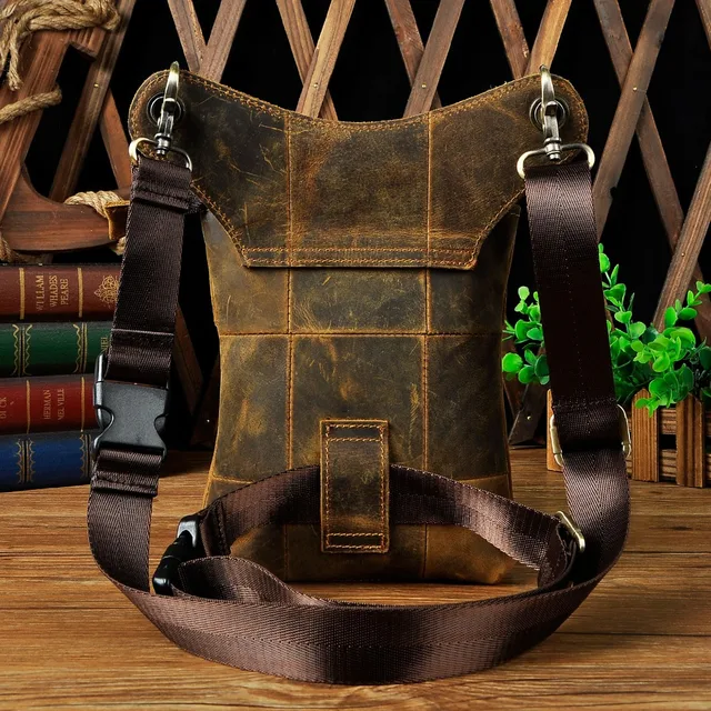 Crazy Horse Leather Design Men Crossbody Satchel Bag Fashion Organizer Fanny Waist Belt Pack Drop Leg Bag Tablet Case 211-11-d 2
