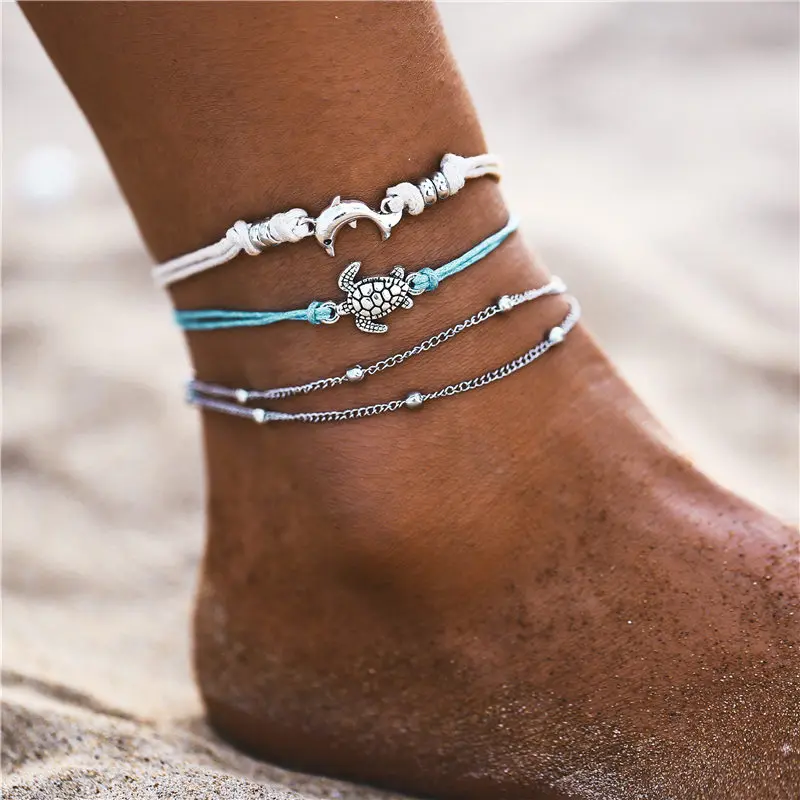 Boho Multilayer Turtle Shell Beads Anklets For Women Moon Sun Vintage Beach Rope Ankle Bracelet on Leg Summer Foot Jewelry