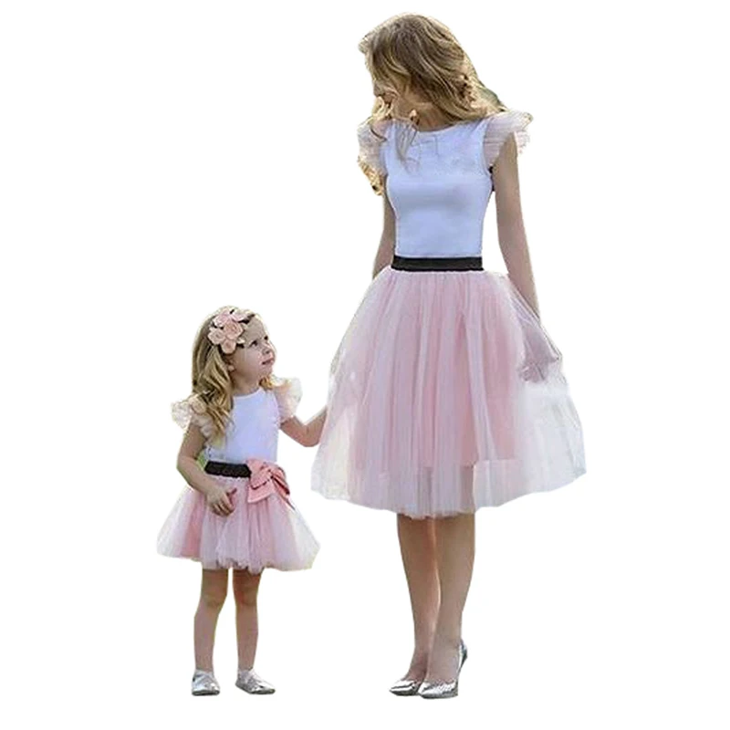 

Mother Daughter Matching Shirt Skirt Clothes Women Kid Girl Tulle Tutu Bow Dress
