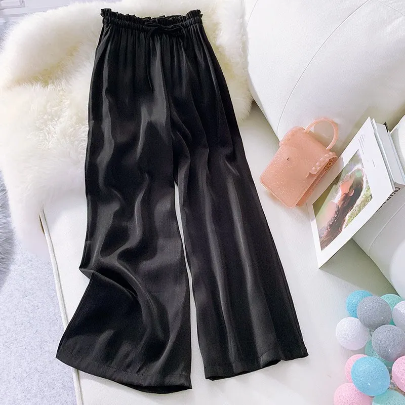 

Summer Women's Loose Lace Up Wide Leg Pants Casual Silk Satin Straight Beach Pants Solid Elastic High Waist Pants Trousers