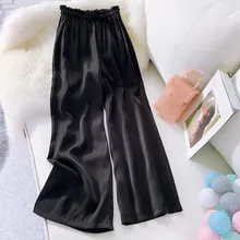 Summer Women's Loose Lace Up Wide Leg Pants Casual Silk Satin Straight Beach Pants Solid Elastic High Waist Pants Trousers lace up color block selvedge embellished straight leg pants for men