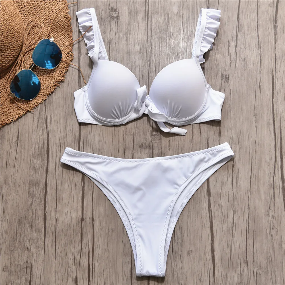 2019 White Bikini Sexy Bathing Suit Plus Size Swimwear Ruffle Swimsuit Women Solid Bikini Push Up Women Brazilian Bikinis Mujer