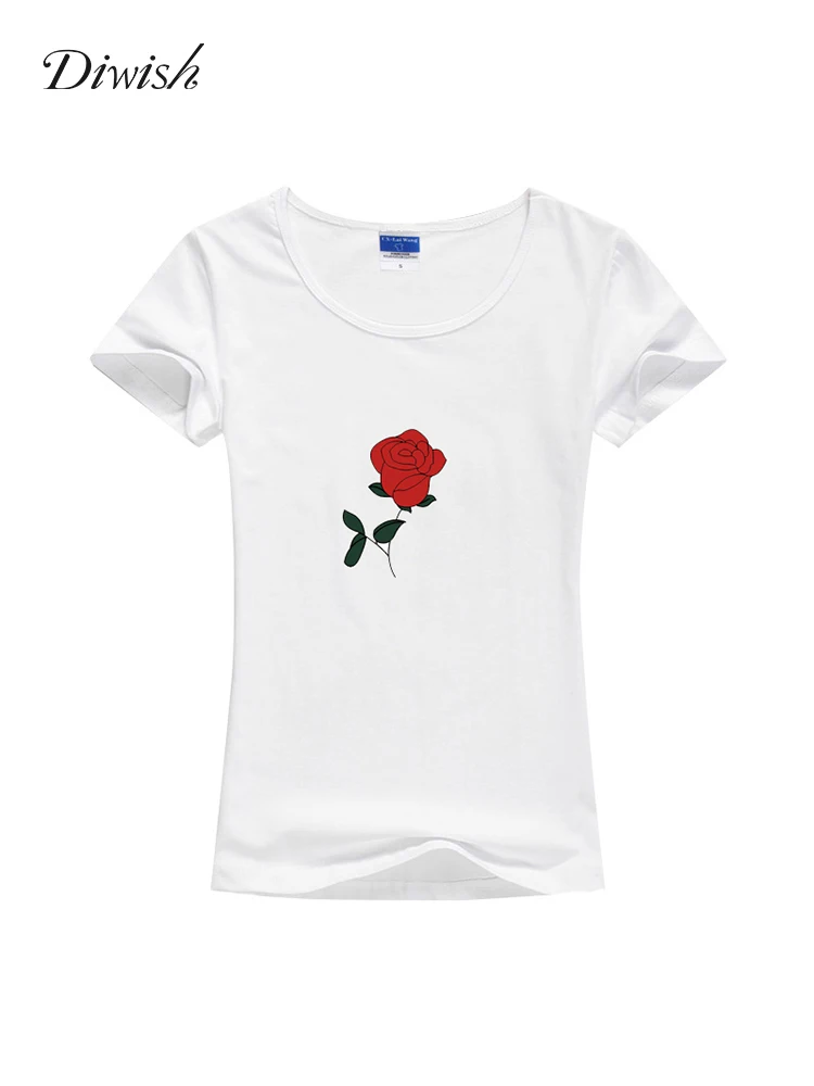 

Diwish Summer Tops for Women 2019 Summer Women Short Sleeve Basic Tshirt Plain Casual Rose Flower Printed Cotton Tshirt Top