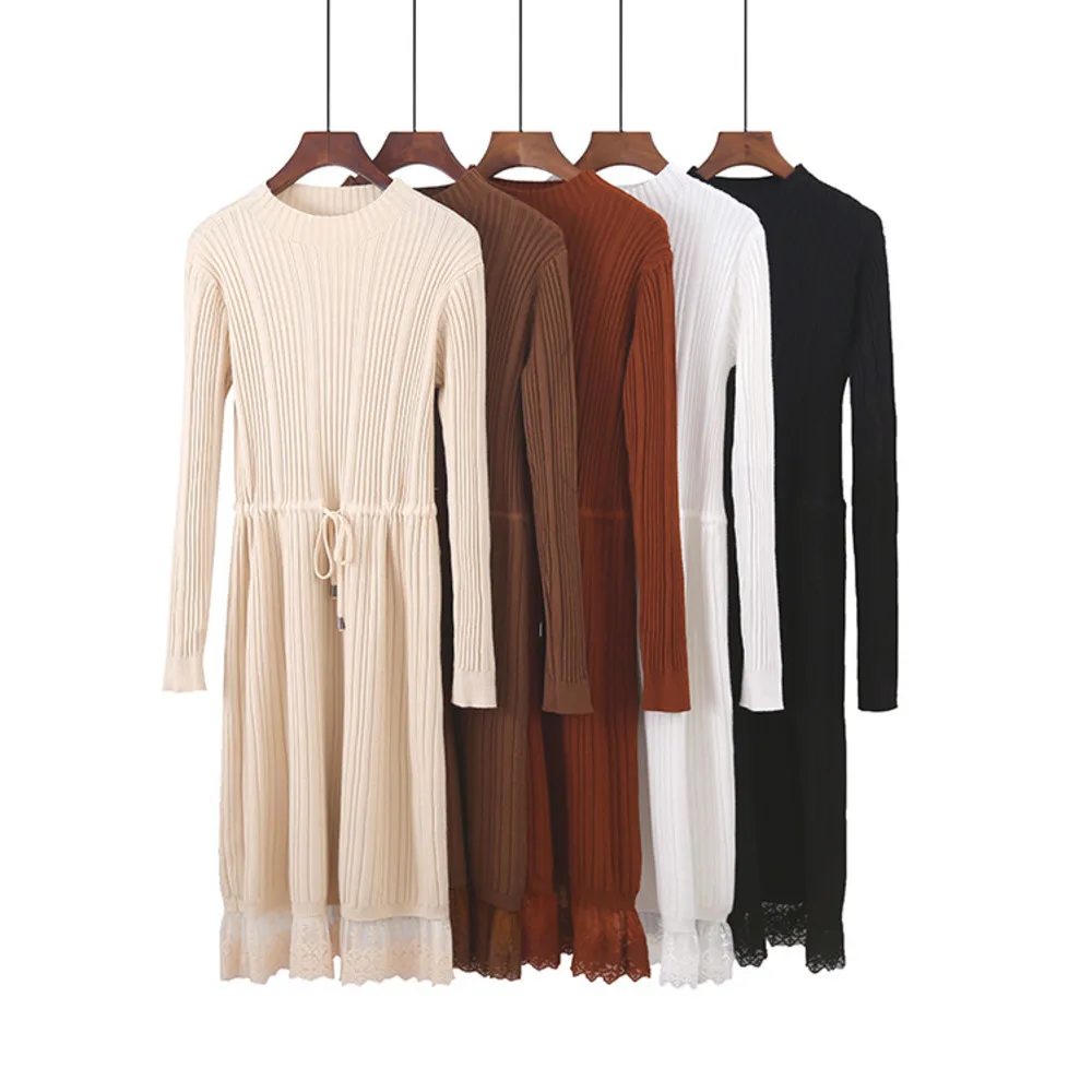 Women Sweater Office Midi Dress Ladies 2018 Autumn Winter Long Sleeve Solid Black Warm Soft Knitted Lace Casual Dress