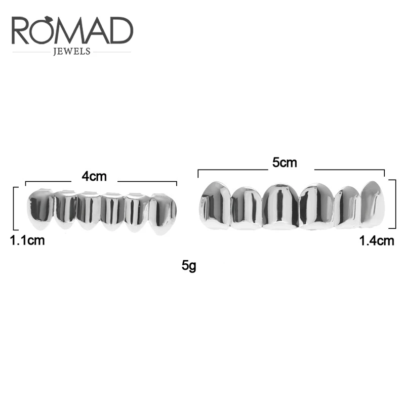 ROMAD, хип-хоп, верхние и нижние грили, зубные, для рта, в стиле панк, цвета: золотистый, серебристый, накладные зубы, набор Грилл, зубные колпачки, косплей, зуб Рэппер R50