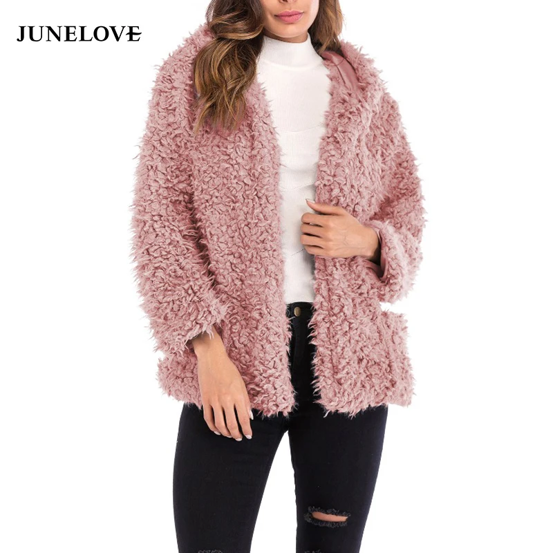 

JuneLove Women Winter Hooded Warm Coat Vintage Faux Fur Female Open Stitck Coat Jacket Casual Street Wear Lady Loose Outwears