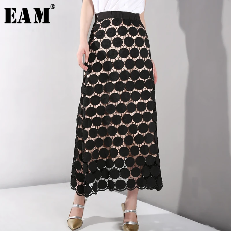 

[EAM] 2019 New Spring Summer High Elastic Waist Black Lace Hollow Out Temperament Half-body Skirt Women Fashion Tide AE4070