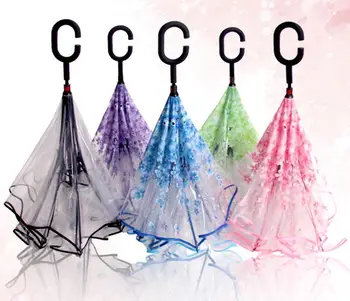 

20pcs Transparent plastic Reverse Umbrella Double Layer Cherry Blossom Inverted Umbrella Women C-handle Windproof SN1699