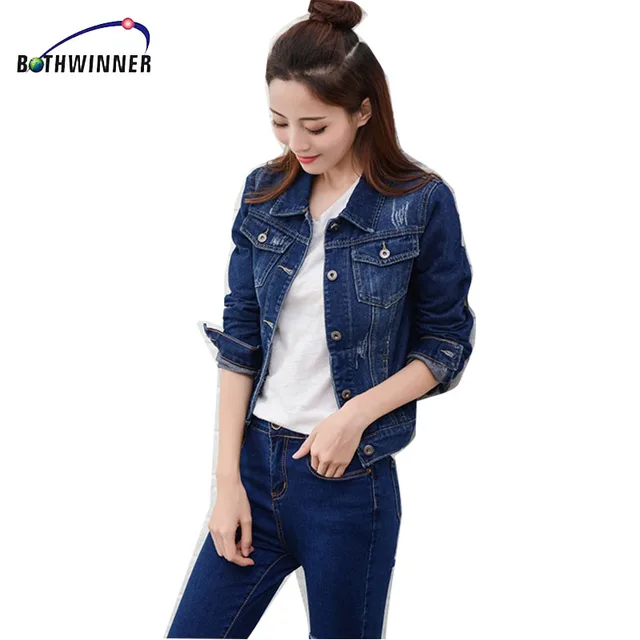 Bothwinner Fashion Jeans Jacket Women 2018 2XL Spring Hand Brush Long Sleeve Stretch Short Denim Jacket Coat White Black 1