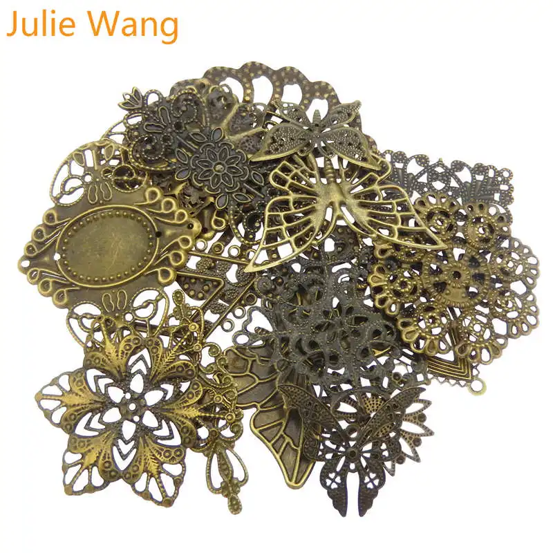 

Julie Wang 16PCS Vintage Butterfly Flowers Charms Connector Iron Antique Bronze Bracelet Jewelry Making Pendant Accessory