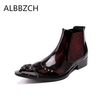 

New mens luxury metal rivert design patent leather boots men pointed toe slip on ankle boots western cowboy military boots man