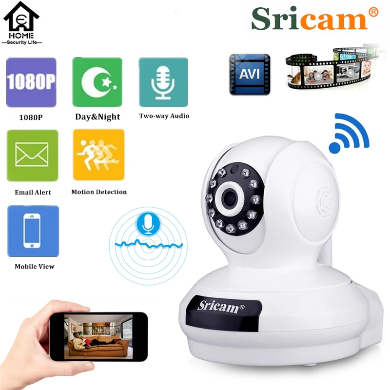 Sricam SP019 1080P Wireless IP Camera H.264 WiFi Indoor Security Camera P2P PT Support TF Card Home Surveillance Cam White 