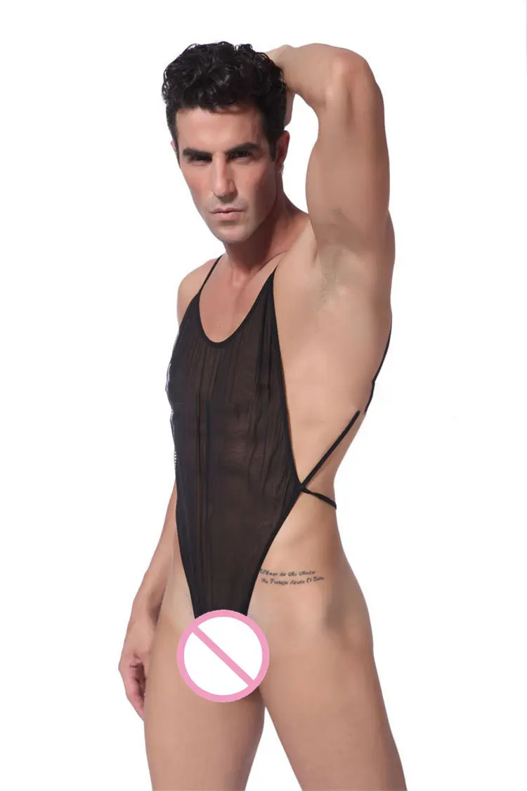 Wild Men Sexy Mesh See Through High Cut Bodysuit Thong Unisex Backless Transparent Sheer Spandex Erotic Lingerie Body Suits FX06