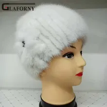 Glaforny, Новая меховая шапка, зимняя женская шапка из натурального меха норки, украшенная цветами, вязаные шапочки, модные женские меховые шапки