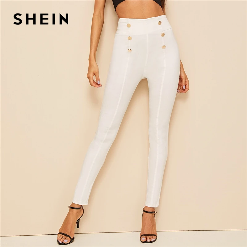 

SHEIN Button Embellished Skinny Pencil Pants Elegant Women Summer Autumn Trousers Zip Back High Street Solid High Waist Pants