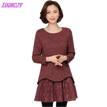 Новая футболка Для женщин Весна поддельные два куска Повседневное Топы корректирующие трикотажные Кружево шить футболки Большие размеры 5XL Футболки ioqrcjv q075