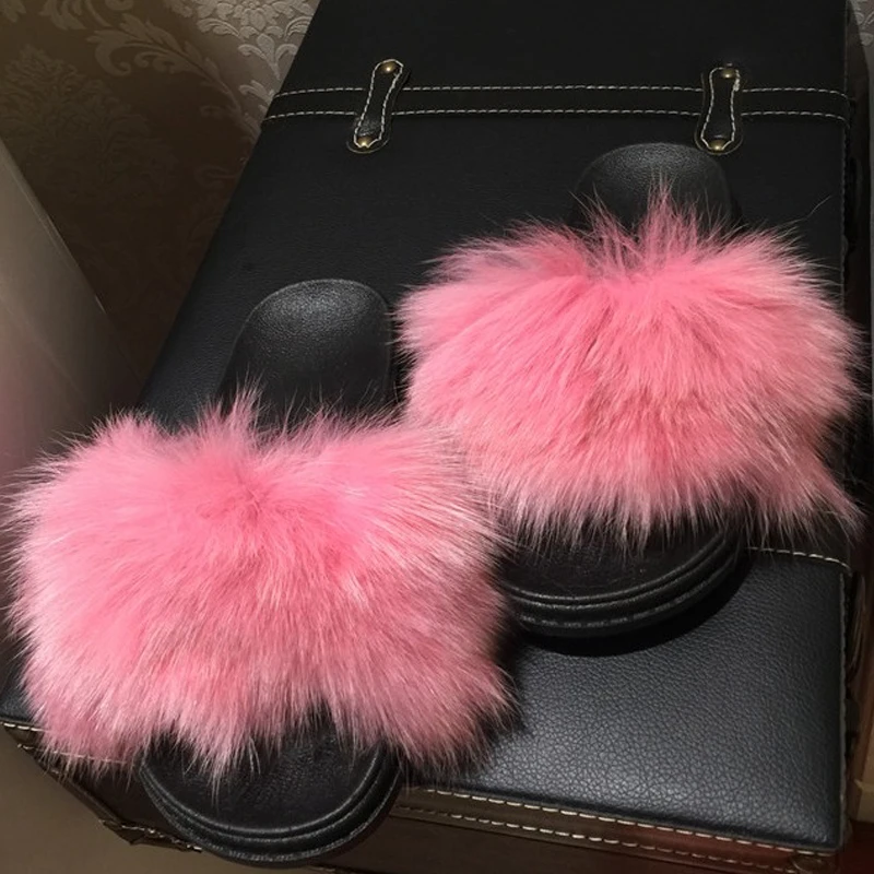 

Autumn& winter luxury genuine fox fur flat shoes women fashion warm fur indoor slippers