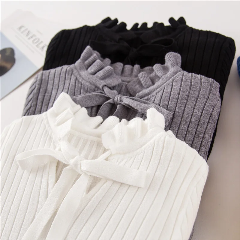 2019 Autumn Winter Knitted Sweater Pullover Pull Femme Cute Warm White Yellow Lace Up Ruffles Turtleneck Women Sweater Jumper