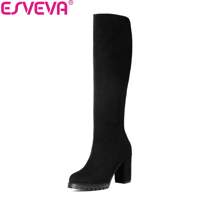 Prix ESVEVA 2018 Genou Haute Bottes Hiver Femmes Chaussures Bottes Élégantes Gommage Talon Haut Carré À Fermeture Éclair Mode Dames Bottes Longues Taille 34 43