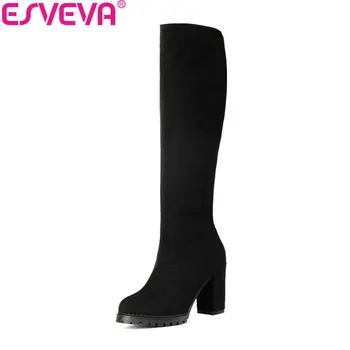 

ESVEVA 2020 Knee High Boots Winter Women Shoe Elegant Boots Scrub Square High Heel Zipper Fashion Ladies Long Boots Size 34-43