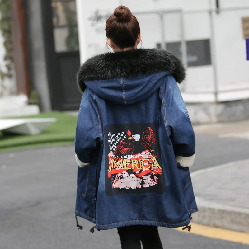 

Winter Coat Korean Hooded artificial fake Fox Fur Collar Loose The Long Thick Printing Lamb Wool Denim Jacket denim parkas