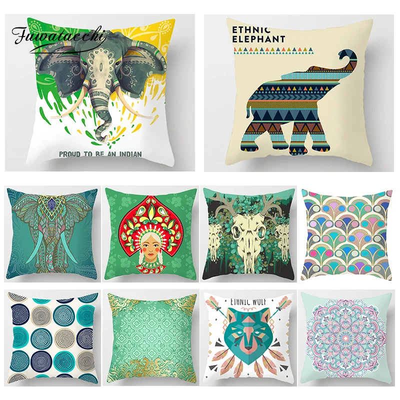 

Fuwatacchi Indian Style Print Cushion Cover Geometric Animal Elephant Mandala Throw Pillow Covers Sofa Home Decor Pillowcase