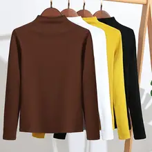 GIGOGOU Женская хлопковая Футболка весна осень длинный рукав Топ Футболка Корея Повседневная футболка приталенная женская футболка