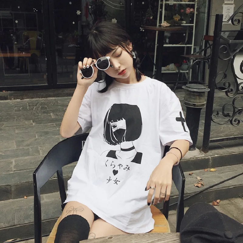Корейская футболка ulzzang в стиле Харадзюку с коротким рукавом и принтом ретро