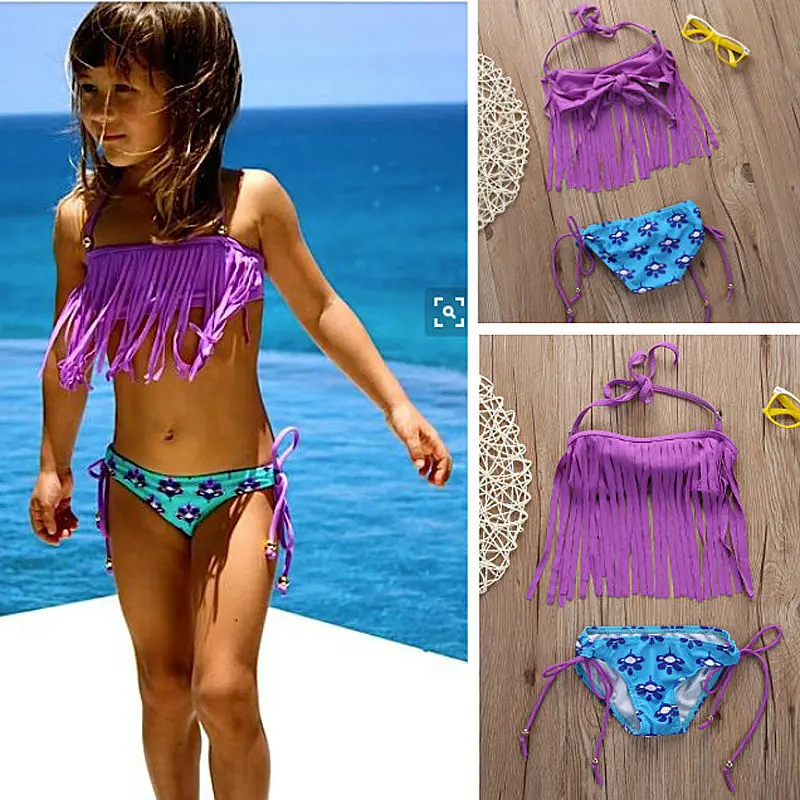 

2017 Girls Kids Child Tassels Tankini Brazilian Bikini Biquni Beachwear Swimwear Bather Swimmers Swimsuit Swimming Suit Children
