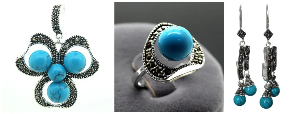 

Vintage Blue Turquoise 925 Sterling Silver Marcasite Ring (#7-10) pendant and earrings sets