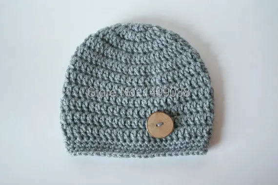 

Grey Beanie with Wood Button - Crochet Hat