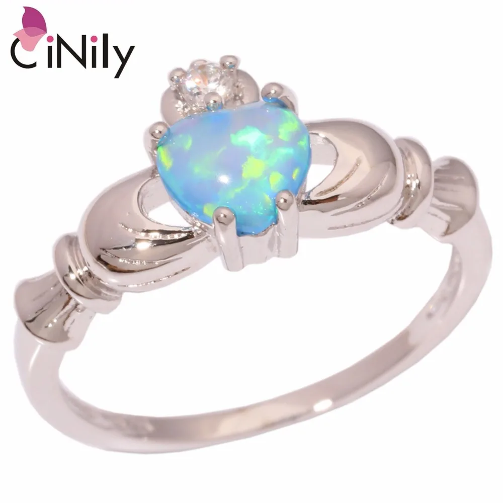 CiNily Created Blue Fire Opal Cubic Zirconia Silver Plated Wholesale Hot Sell for Women Jewelry Ring Size 7 8 OJ5307