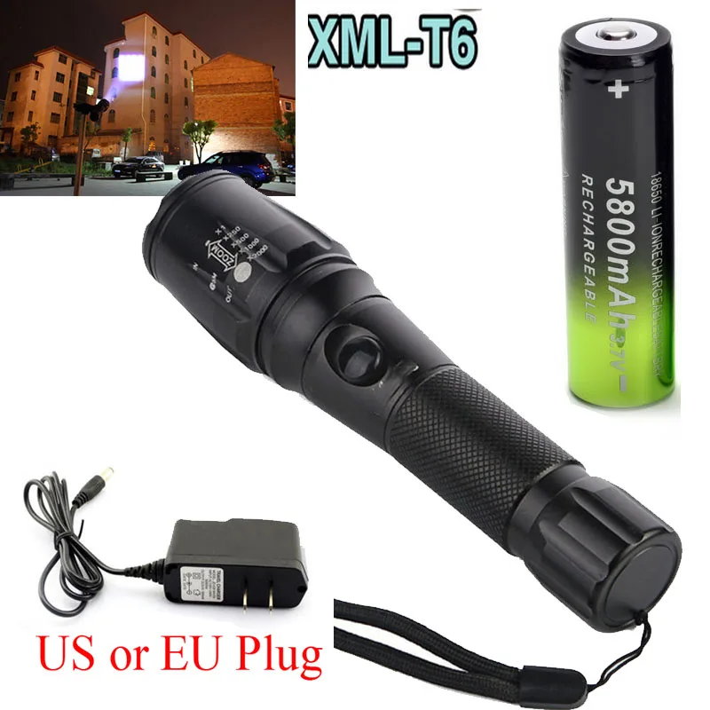 T6 LED Flashlight 6000Lm Adjustable Focus Outdoor Torch 18650 Battery & Charger 