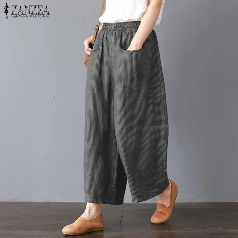 ZANZEA широкие брюки женские свободные повседневные штаны с эластичным поясом винтажные полосатые хлопковые льняные шаровары рабочие длинные брюки
