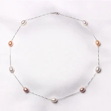 2016 Fashion7-8mm Collar de Perlas de 925 Joyas de plata de ley 100% Perlas de Agua Dulce Naturales Collar de La Joyería Para Las Mujeres Mejor Regalo