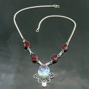 

Hermosa Gorgeous Natural Abalone Shell Red Garnet Silver Color Chain Charms Necklace For Women 18 Inch A127