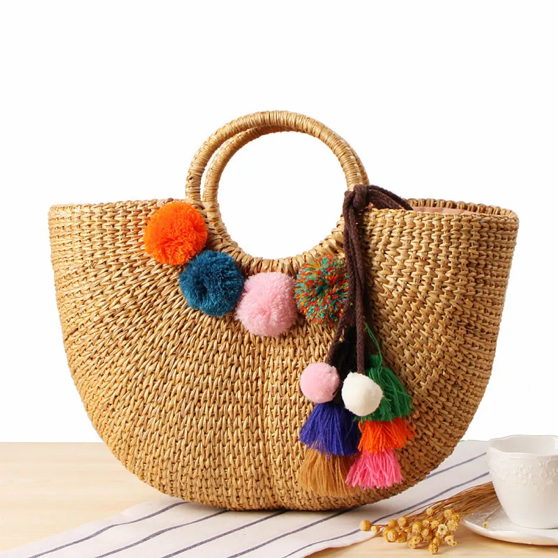 Handmade Beach Bag Straw Basket Totes Handbag Moon Large Big Summer Bags with Tassels Pom Women Natural Handbag 2018 Rattan Bag local focal fashionable handmade with delicate handbag