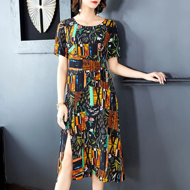 

Dress Summer 100% Natural Silk Printed 2019 Women's New Round Neck Short Sleeves Slim Bandage Waist Slim A-Line Split Dress Midi