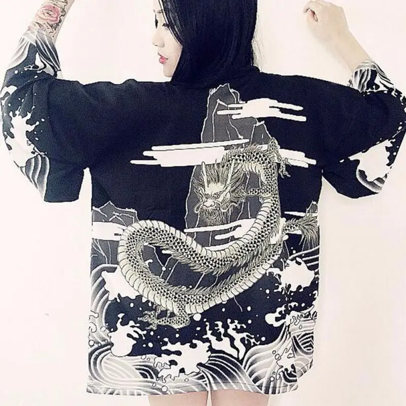 

Vintage Harajuku Style Blouse Tops Waves and Wind Dragon Print Shirts Japanese kimono Print Chiffon Cardigan Tops Hot Sale