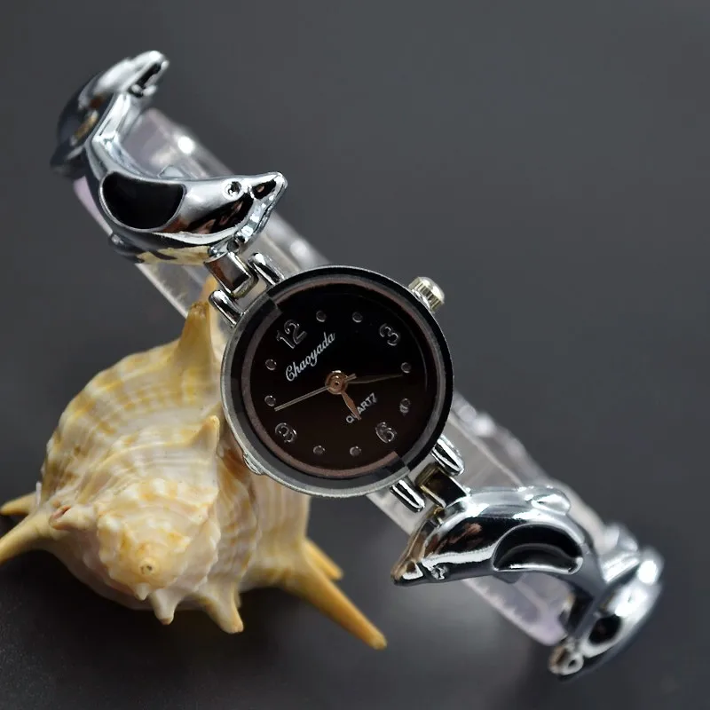 Модные Элегантные наручные часы женские Девушки Дельфин стиль изысканный металлический сплав группа кварцевые браслет часы 935 - Цвет: Black